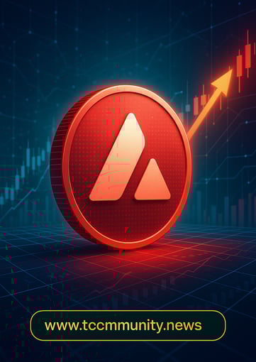 Futuristic digital artwork featuring a bright red Avalanche (AVAX) coin rising against a high-tech blockchain background with