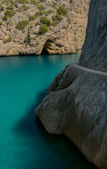 Vista de Sa Calobra y Torrent de Pareis en Mallorca, con acantilados imponentes y aguas turquesas – Maiorca Unlocked.