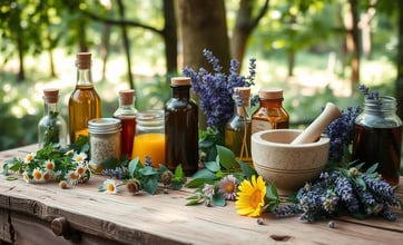 A rustic wooden table adorned with fresh herbs, like chamomile, calendula, and lavender