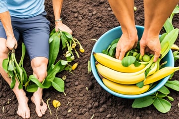 a man and woman holding bananas in a garden