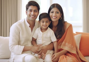 a hindu family of young parents and their child sitting on a couch