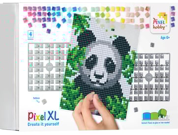 An art game box showing the creation of panda picture using pixel squares