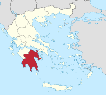 Peloponnese region on a map of greece
