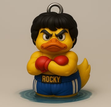 Rocky duck, a rubber ducky with a boxing glove on it