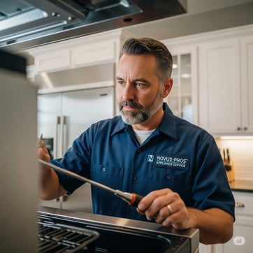 a man in a blue shirt is holding a screwdriver in his hand