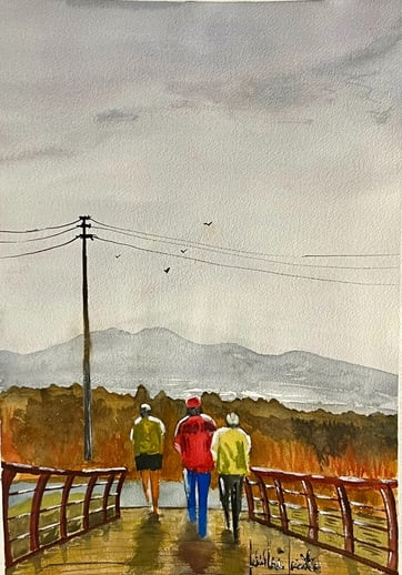a painting of three people walking on a bridge