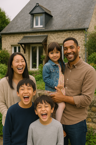 A mixed family, with their sons and daughter in front of their french house