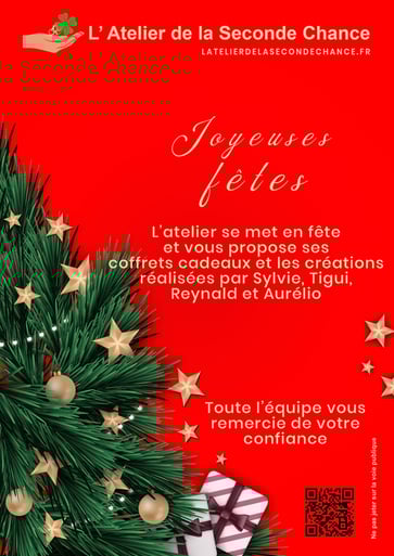 devant d'un flyer (il es rouge et contient du texte et un sapin de noël )