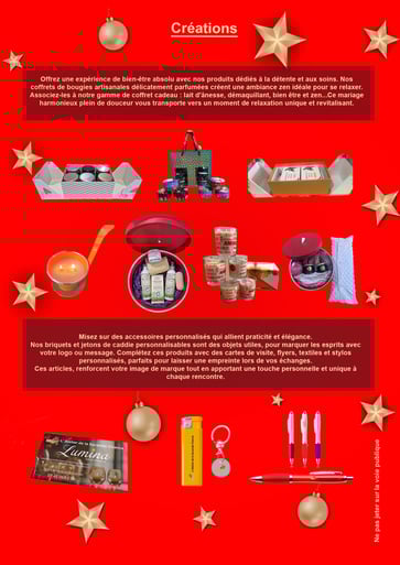 Dos d'un flyer pour noël (il es rouge et contient du texte et des photos d'articles créer dans notre atelier)