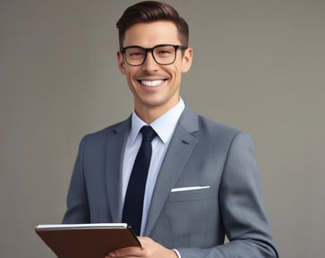 smiling man in suit holding clipboard