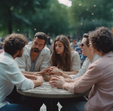 a group of people sitting on a hill with their hands up