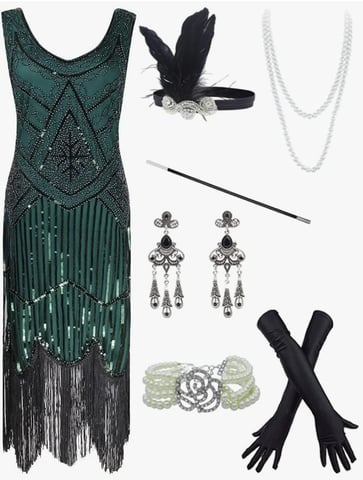 FUNDAISY 20s Flapper Gatsby Sequin Beaded Evening Cocktail Dress with accessories set dark green