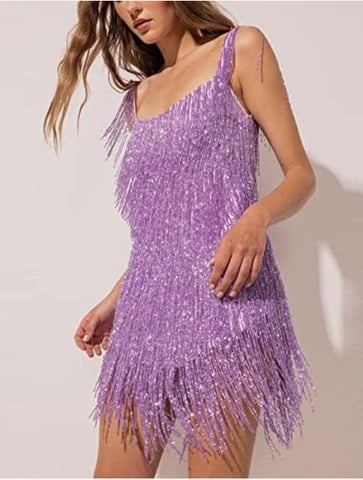 Women's Tassel Dress Solid Color Sleeveless Sling Style Dress Sparkly Fringe