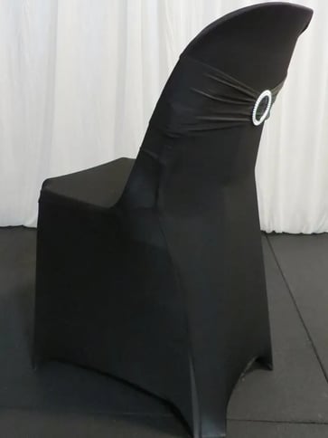 Pipee plastic event chairs with black spandex covers for hire in Redlands.