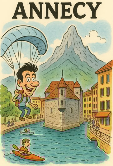 Caricature d'Annecy avec une vue sur la prison et les montagnes