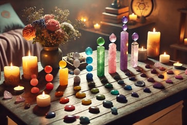 Un setup de cristaux pour alignement des chakras. La table basse est composée de pierres et cristaux alignés a