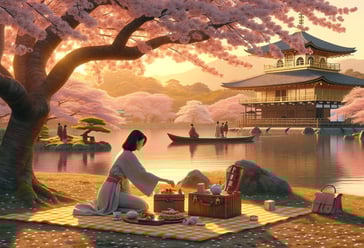 a woman sitting on a blanket in front of a lake
