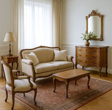 ChatGPT said: Classic living room with carved wood furniture, neutral upholstery, and vintage accents by Solo Home Decor.