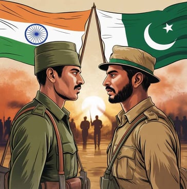 Standoff Between Indian and Pakistani Soldiers Under Their National Flags. Border Conflict, Military Tension.