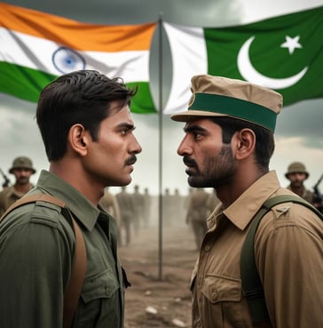Indian and Pakistani soldiers face to face in a tense standoff, symbolizing the historic conflict between India and Pakistan