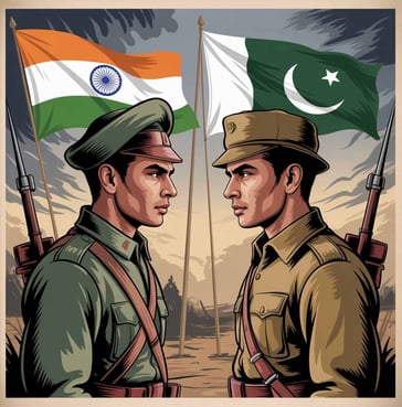 Vintage-style illustration of Indian and Pakistani soldiers facing each other with national flags in the background.