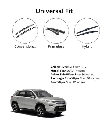 Wiper blade sizes for Toyota Hyryder – 26, 14, and 12 inch