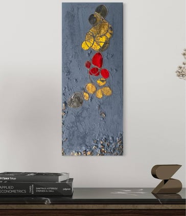Oeuvre d'art abstraite rouge et jaune sur fond gris sur MDF