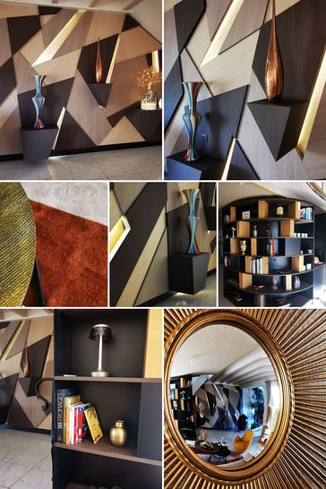 Aménagement d'un salon intégrant un décor mural, une bibliothèque, un miroir déco, lumière rasante.