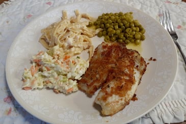 tiapia, slaw, fettucini alfredo, peas
