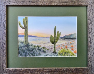 a painting of a desert scene with cactus plants