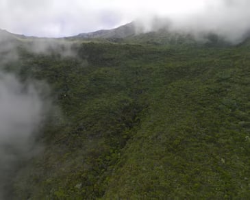 view of a mountain in clouds