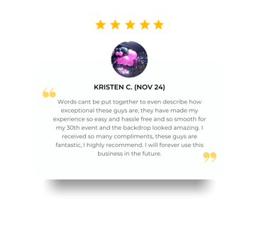 5 star review from Kristen for her Black Shimmer Wall and neon pink balloon garland for her 30th in Brisbane.