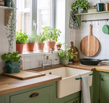 a kitchen with a sink and a potted plant