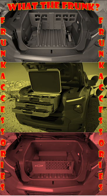The Chevrolet Silverado EV Frunk comes with accessories: A mesh net, a 4 bin storage and a tool box. EV Car Guide.