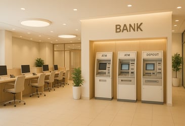 Modern bank branch interior with ATM machines, part of BRB Engineering’s work in the banking sector