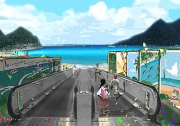 Tourists on escalator heading toward Anse Marcel beach