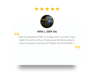 5 Star review from Kris, thinks the glow bar and cocktail tables are a brilliant product, Redlands.