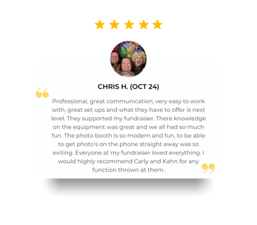 5 star review from Chris, the photo booth was fun, exciting to get photos to your phone instantly.