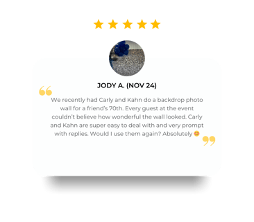 5 star review from Jody for a Silver Shimmer Wall for Bev's 70th Birthday in Brisbane.