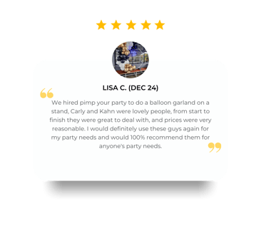 5 star review from Lisa for a circle mesh backdrop Twenty One neon and balloon garland in Victoria Point.