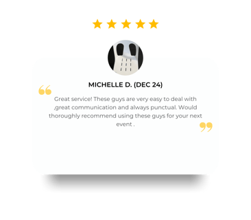 5 star review for SweetAz Co. always being punctual, great communication when hiring chairs and tables, Redlands.