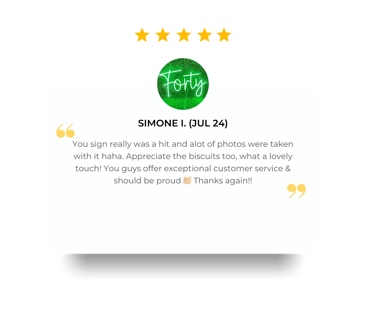 5 star review from Simone, hired the Forty neon for her birthday in Redlands.