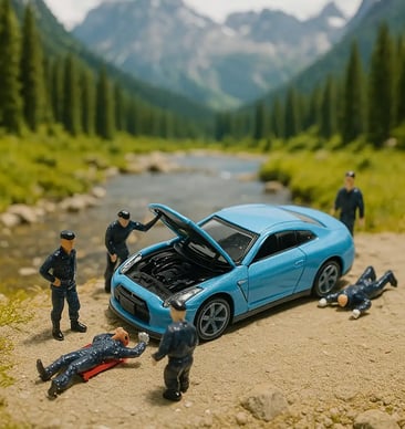 mecánicos en miniatura viendo un carro de juguete