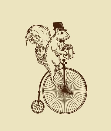Hand-drawn squirrel, top hat, unicycle, vintage illustration, whimsical art