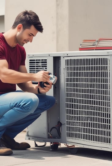 a man in a red shirt is holding a remote control unit