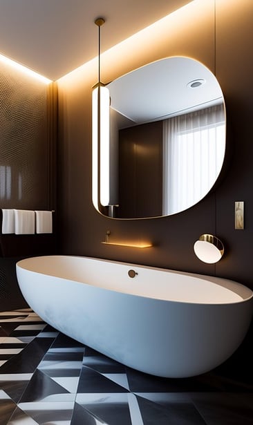 baignoire îlot, miroir design, carrelage noir et blanc