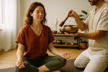 Woman meditating during sound healing with singing bowl