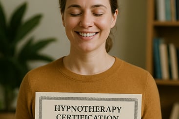 Woman holding hypnotherapy certificate, smiling proudly