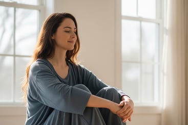 Woman practicing self-hypnosis on sofa in calm home setting.
