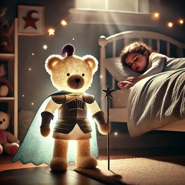 Peluche magique en tenue de chevalier veillant sur un enfant endormi, dans une chambre douce et rassurante.